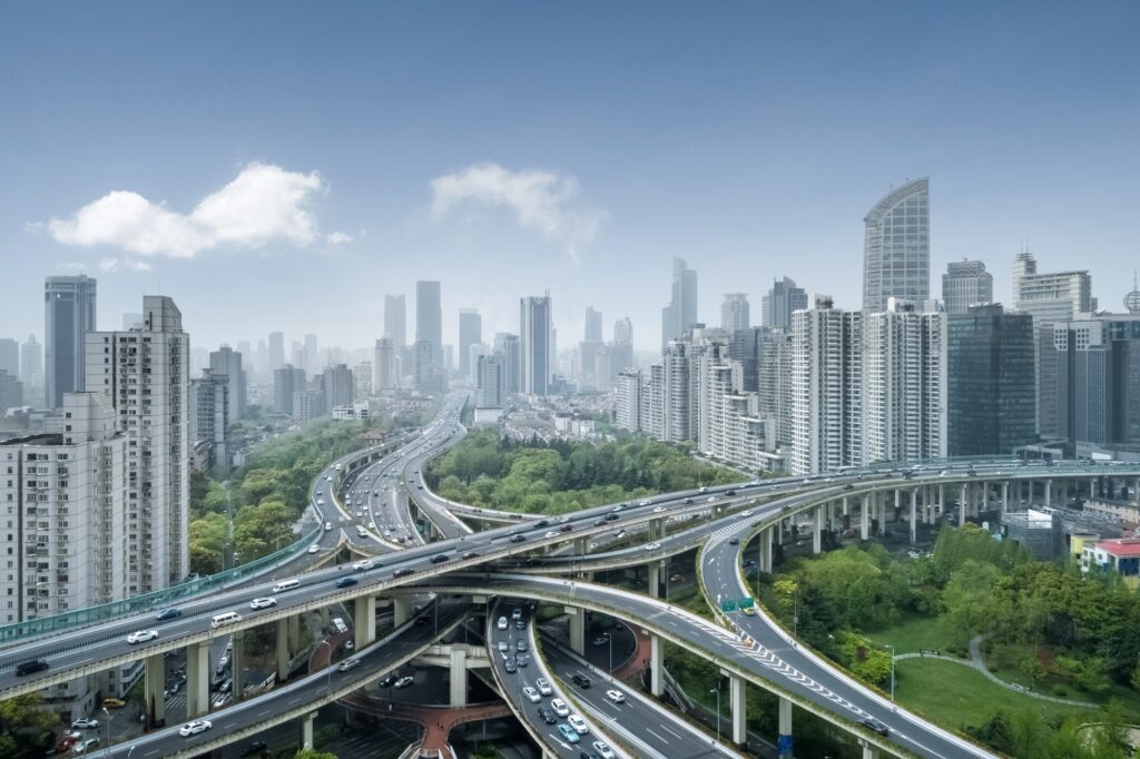 city interchange in shanghai, elevated road junction and bule sky