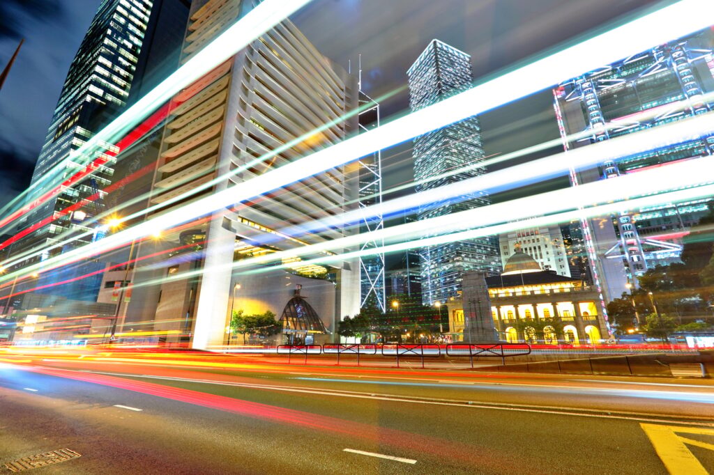 traffic light stream and office bulidings